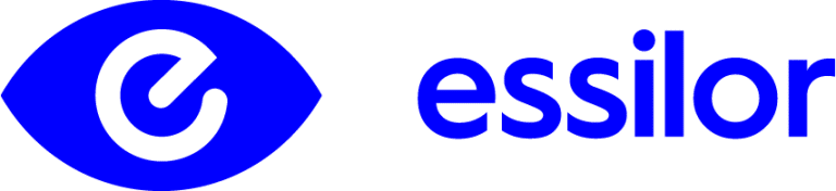 Essilor logo with a stylized blue eye containing a lowercase “e” on the left, and the word “essilor” in blue lowercase letters on the right.
