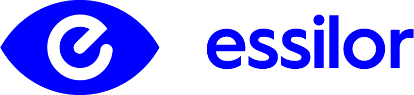 Essilor logo with a stylized blue eye containing a lowercase “e” on the left, and the word “essilor” in blue lowercase letters on the right.