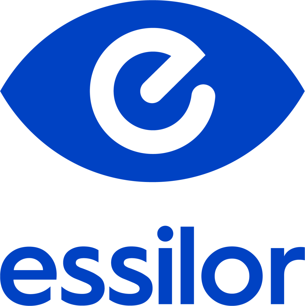 Blue eye-shaped logo with a stylized white lowercase “e” inside, above the word “essilor” written in blue lowercase letters, symbolizing the trusted quality of an Essilor Lens.