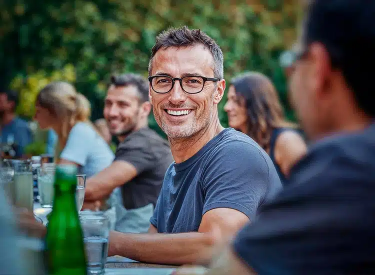 A man wearing Rodenstock eyeglass lenses and a gray shirt smiles while sitting at an outdoor table with others, surrounded by drinks and greenery.