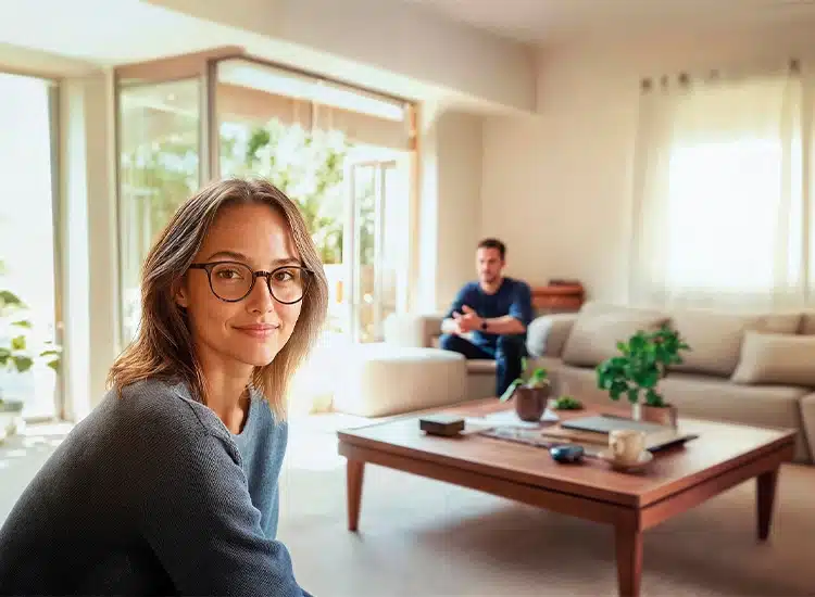A woman with glasses featuring Rodenstock lenses sits in a bright living room, facing the camera, while a man relaxes on a sofa in the background near an open door to a sunny patio.