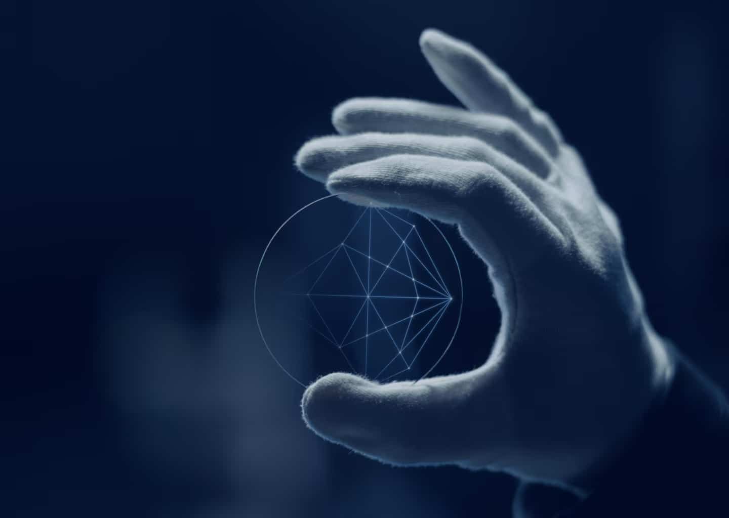 A gloved hand holds a transparent circular object with a geometric pattern of connected lines and points, set against a dark blue background—capturing the precision and clarity of an Essilor lens that defines every quality lens.