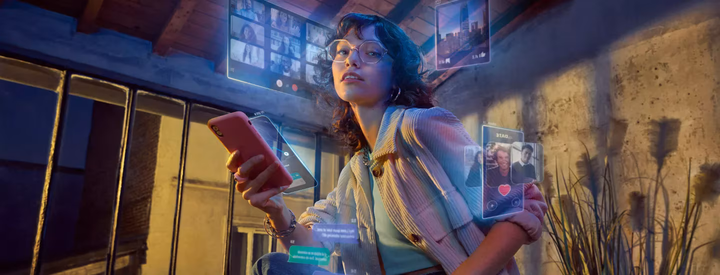 A woman holding a smartphone interacts with floating digital screens displaying messages and video calls in a modern, dimly-lit room, her vision enhanced by the clarity of a quality Essilor lens.