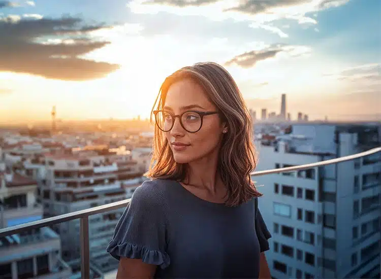 Woman with glasses featuring Rodenstock Lens stands on a rooftop at sunset, city skyline and buildings visible in the background.