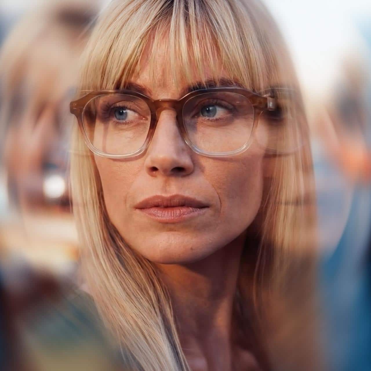 A woman with long blonde hair and glasses looks to the side. The image has a blurred, reflected effect around her face.