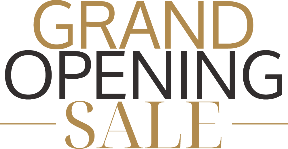 Text reads “Grand Opening Sale” in large gold and black capital letters on a white background.